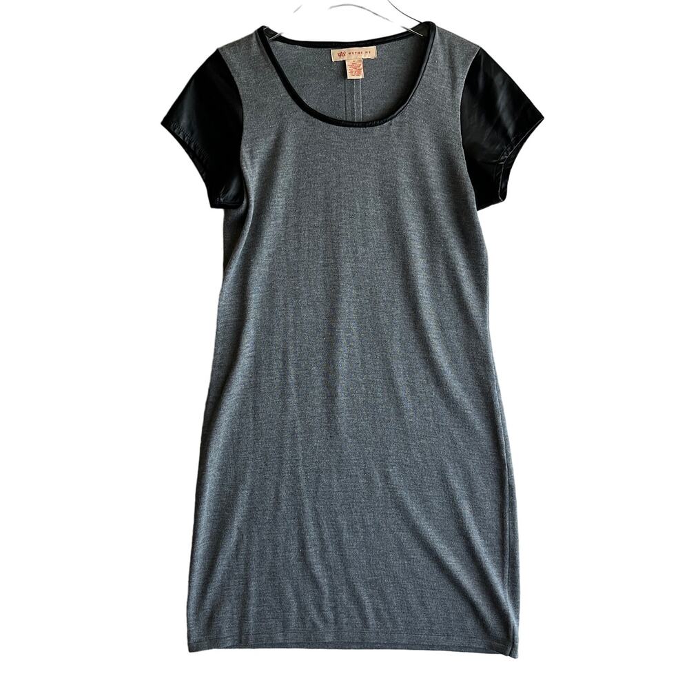 Wythe NY Dress Gray Knit with Black Leather Sleeves and Trim Size M Office Edgy